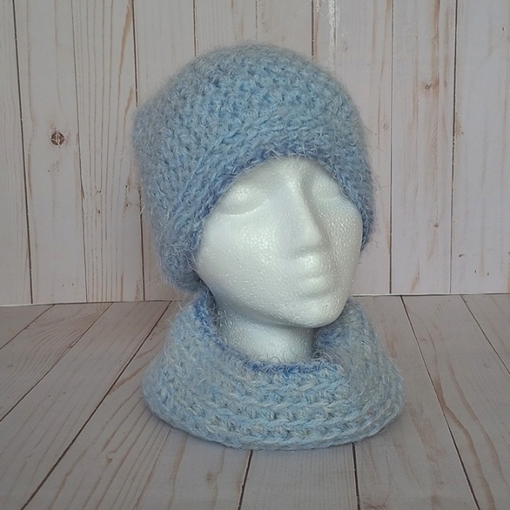 Hand crocheted beanie with a faux fur pom and cowl scarf set
